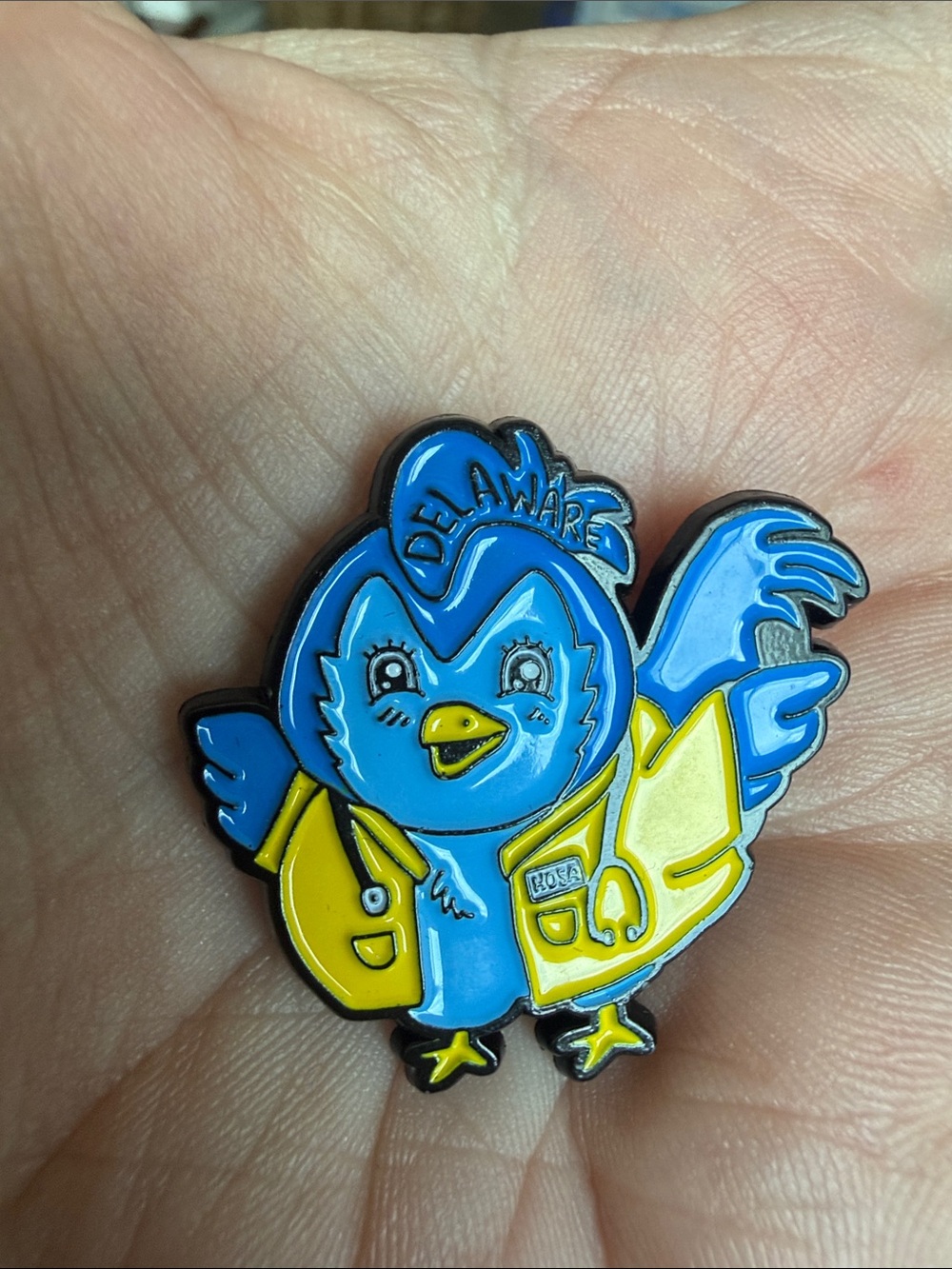 Delaware Hosa Blue Bird Enamel Pin with Yellow Jacket -